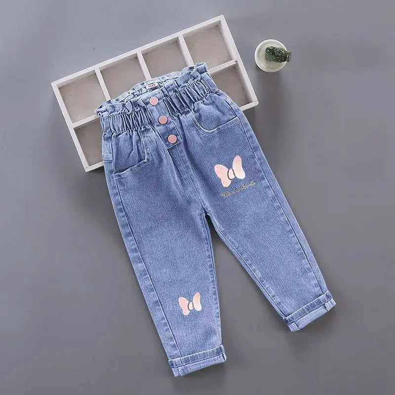 Kids Girl Jeans Floral Cartoon Long Pants Spring Autumn Graffiti Painting Print Casual Trousers with Hole Children Denim Pants