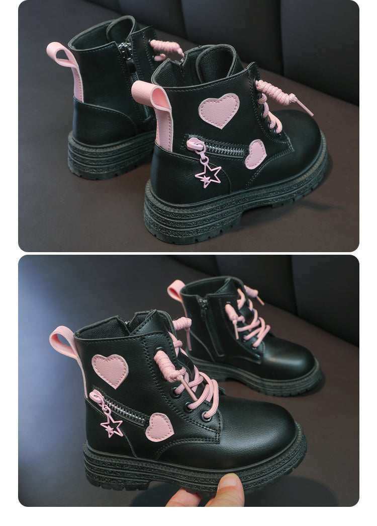 Girls Boots Kids Fashion Rubber Boots Cool Girl Autumn and Winter Cotton Soft Sole Pink with Love Side Zip Princess Round-toe PU