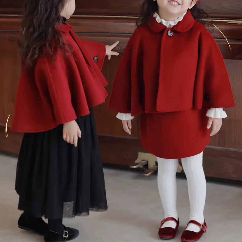 2025 New Spring Outing Costumes Cloak Coat For 2-8 Yrs Baby Girls Autumn And Winter Warm Coats Chinese New Year Red Clothing Top