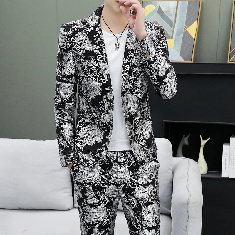 Men's Suit Set Shiny Gold and Silver 2-piece Set Korean Fashion Host Wedding Set Suit Jacket+pants Men's Hot Stamping Clothing