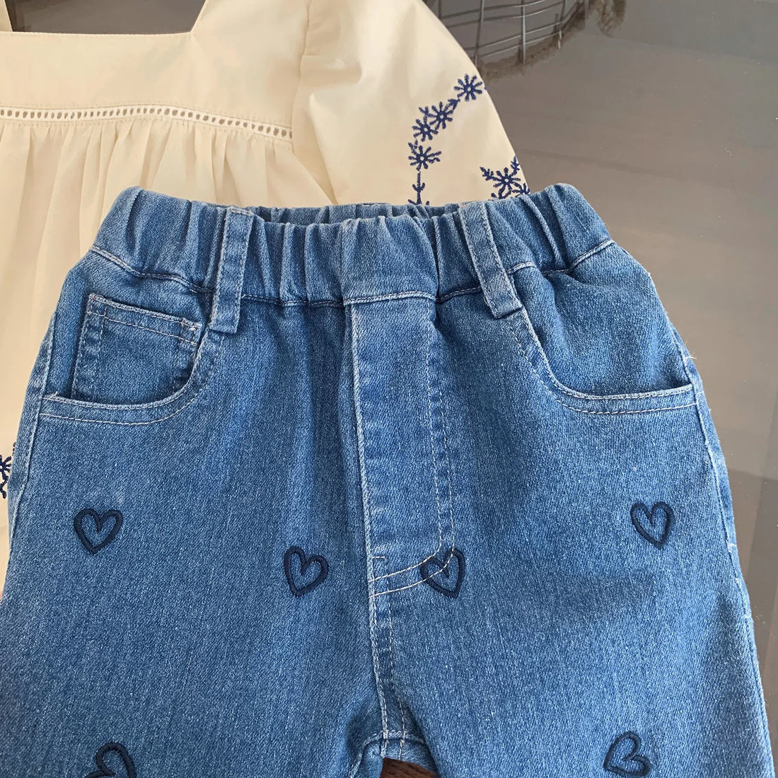 Children's Heart Embroidery Full Printed Casual Flared Pants Blue Girls Sports Jeans