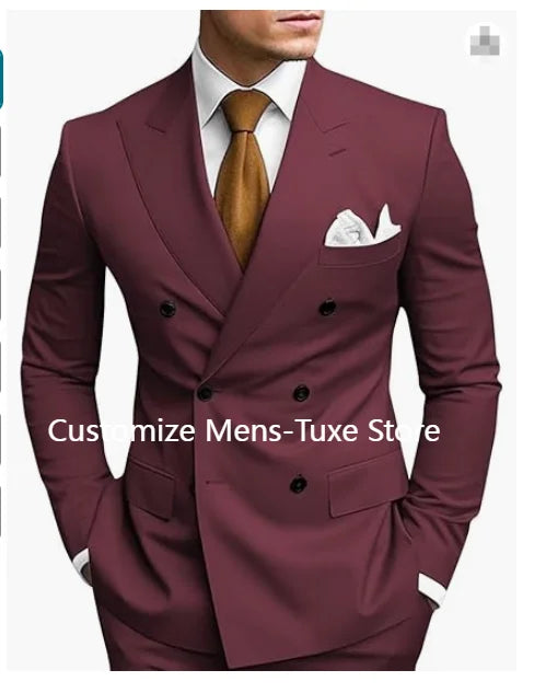 High Quality Brown Men's Suits Double Breasted Bespoke Double Breasted Peaked Lapel Formal Blazer Slim Fit 2 Piece Jacket Pants