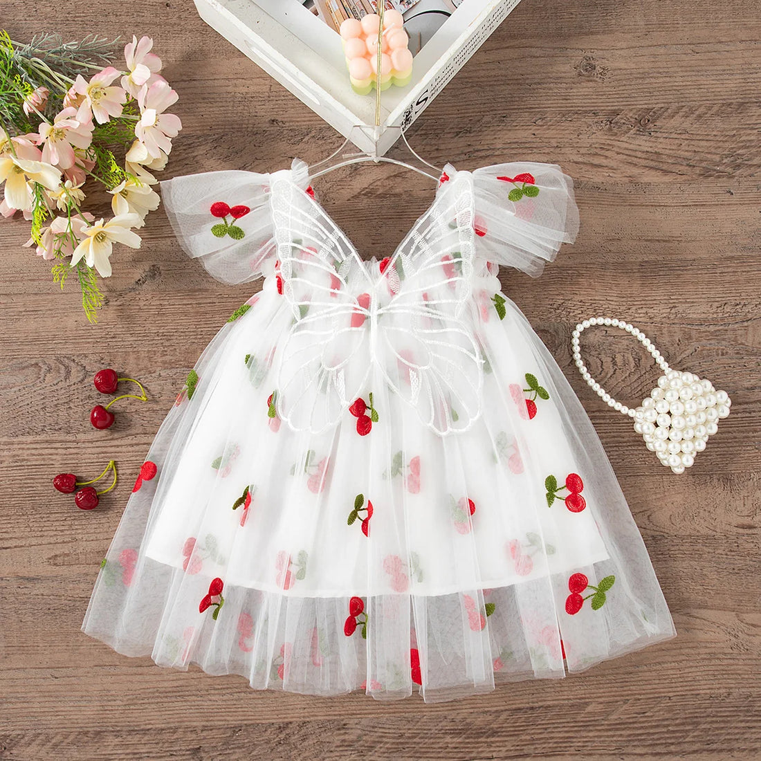 Summer New Girls' Dress Halter Small Flying Sleeve Embroidery Pattern Wings Sweet Princess Dress Mesh Princess Dress