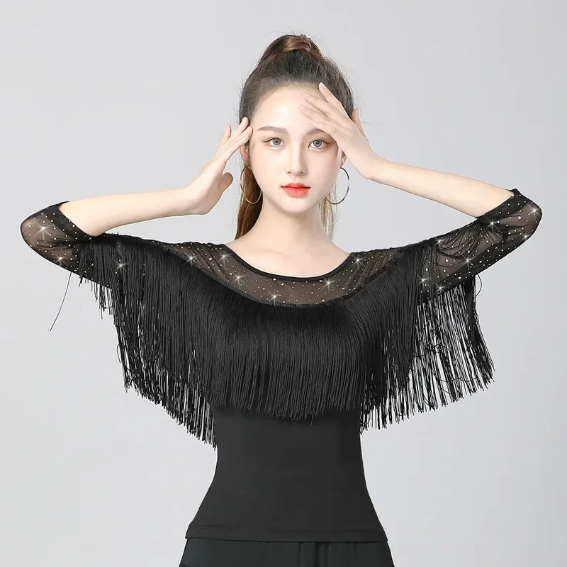 Women's Latin Dance Costume Glitter Sequin Tassels Modern Dance Practice Performance  Tops Tango Jazz Waltz Ballroom Dancewear