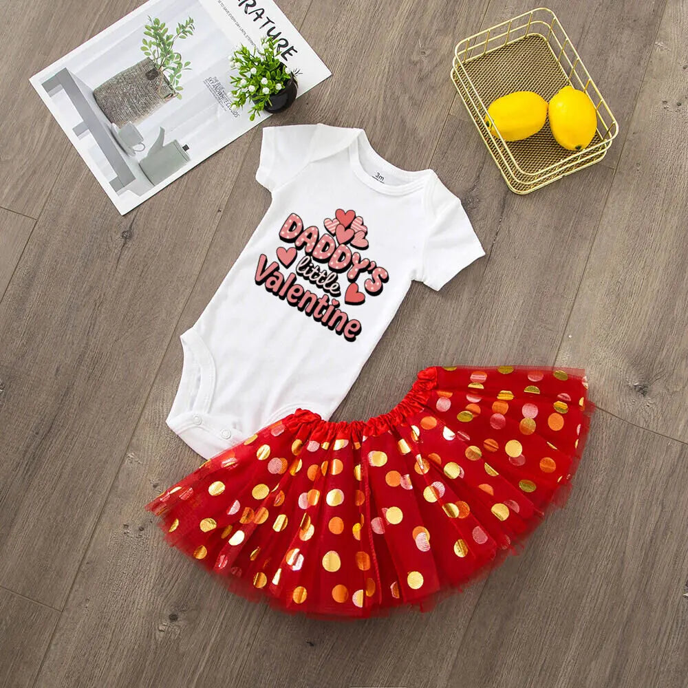 Mommy and Daddy Little Valentine's Day Printed Baby Bodysuit Dress Set Infant Valentine Party Girls  Holiday Romper Tutu Skirt