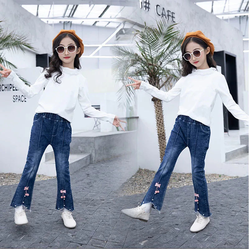 2024 New Autumn Elastic Kids Jeans Girls Cute Leisure Bow Denim Blue Children Flared Pants teenage Girl Clothes Trousers 3-12Y