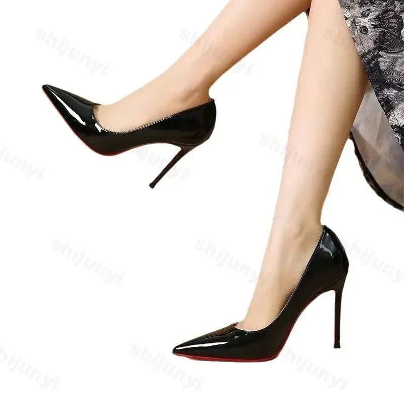 Black Patent Leather Pointed Toe Red Rubber Sole Women's High Heels Party Shoes Sexy Women's Dress Stilettos 2025