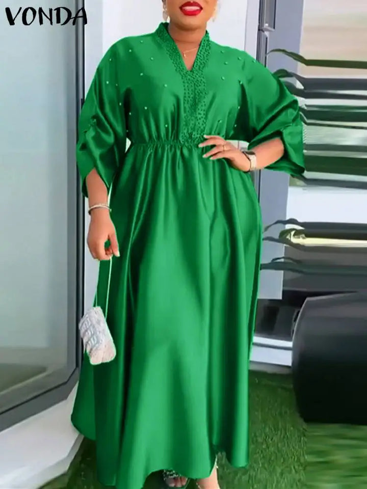 Plus Size VONDA Elegant Women Dress 2024 Vintage Three Quarter Sleeve Dress Solid Color Sundress Sexy V-Neck Loose Robe Vestidos