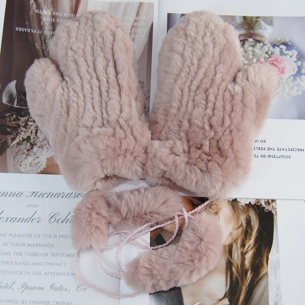 Winter Girls Warm Soft Genuine Fur Glove Good Elastic Women Real Fur Gloves Handmade Knitted 100% Natural Rex Rabbit Fur Mittens