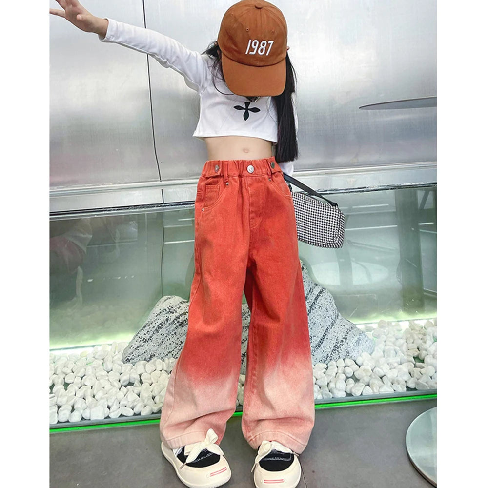 Teenagers Girl Wide Leg Jeans Kids Girls Denim Pants Children Outwear Long Trousers Girl JAZZ Clothing Fall Spring 110-170