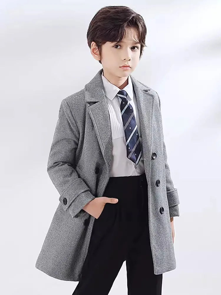 Boys Girls Winter Thick Warm Wool Coat Children Windproof Outdoor Long Jacket Kids Formal Birthday Party Photography Woolen Coat