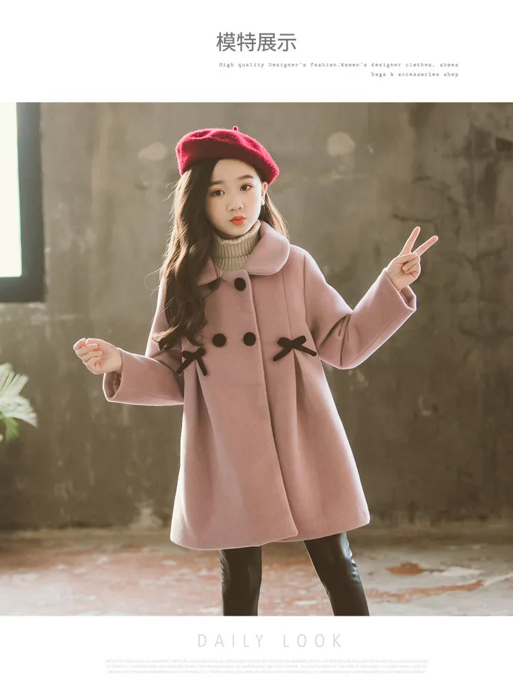 New Winter Teenager Girls Long Jackets Toddler Kids Outerwear Clothes Casual Children Keep Warm Woolen Trench Coat 3-12 Years