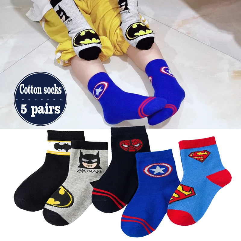 5 Pairs Children Sock Medium Length Anime Cartoon Comfort Warm High Quality Kids Baby Socks Boy Spiderman Socks Four Seasons