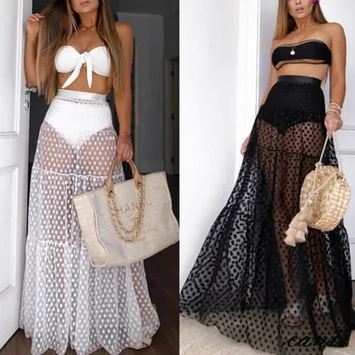 Women Summer Bikini Cover Ups Polka Dot Mesh Sheer High Waist Long Skirt See Through Beach Tulle Wrap Skirt Swimwear Swimsuit