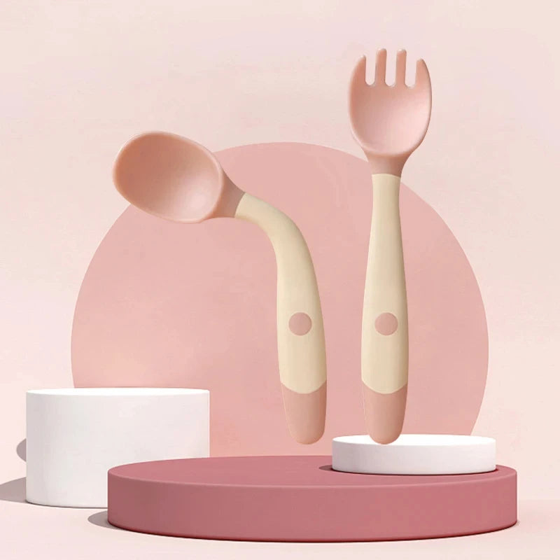 Bendable Twist Baby Fork And Spoon Set Learn To Eat Training Tableware Silicone PP Soft Spoon Soft Bendable