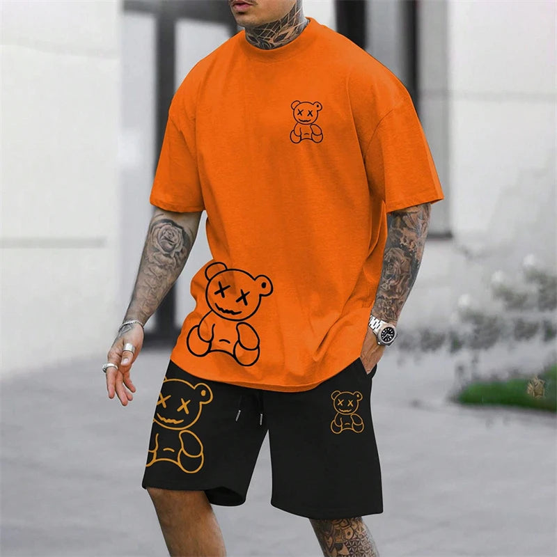 2025 Fun Bear Harajuku T-Shirt Men's Summer Loose Daily Couple Suit Outdoor Street Short Sleeve Shorts Two Piece Men Summer Suit