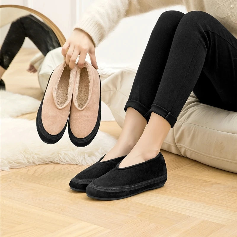 AIYUQI Winter Flat Shoes Women 2024 New Wool Lining Warm Women Snow Shoes Genuine Leather Comfortable Female Winter Ballet Shoes