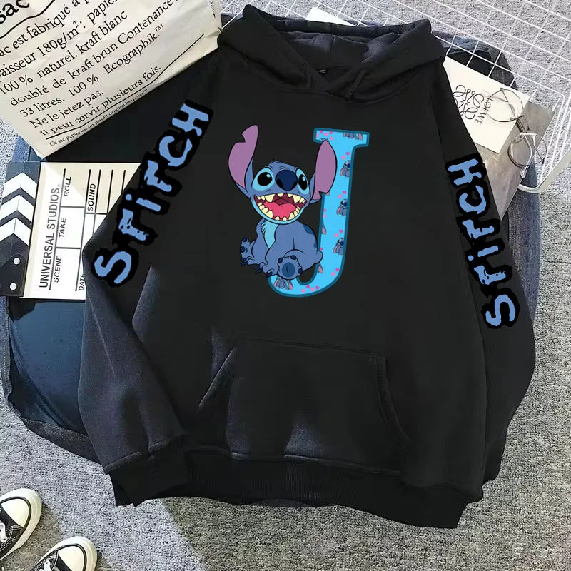 2024 Women's Winter Jacket Cute Kawaii Disney Lilo & Stitch Lucky Letter Print Black Hoodie Fashion Couple Streetwear Sportswear