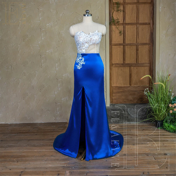 Royal Blue Satin Bridesmaid Dresses Long Sleeve Lace Party Dress for Weddings Side Split Guest Dresses Elegant Gowns Customized