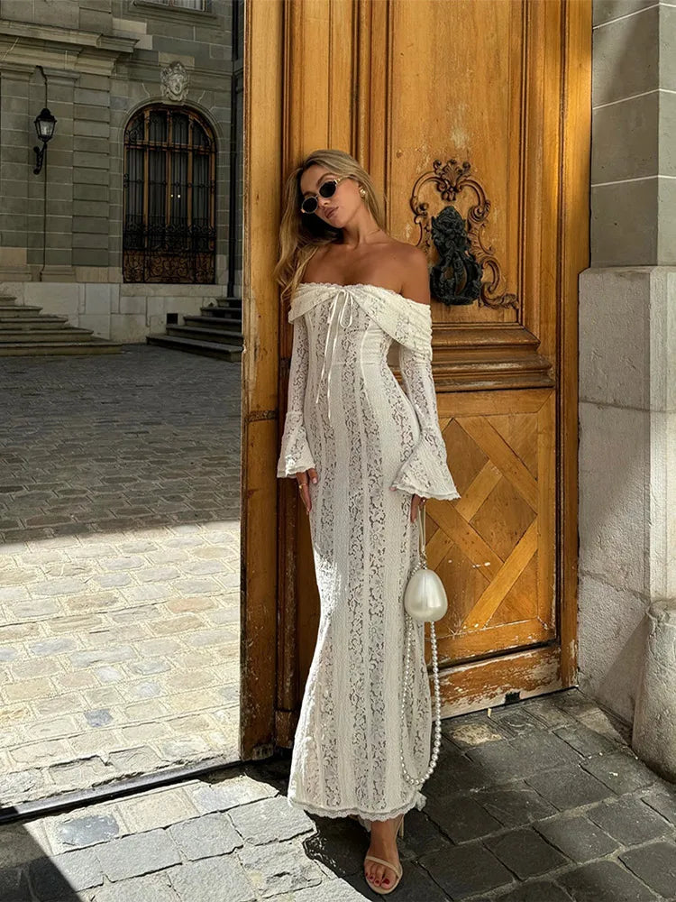 Elegant One Shoulder Lace Up Hollow Women's Dress Slim Fit See-through Long Sleeved Backless Robe 2024 Summer Lady Evening Gowns