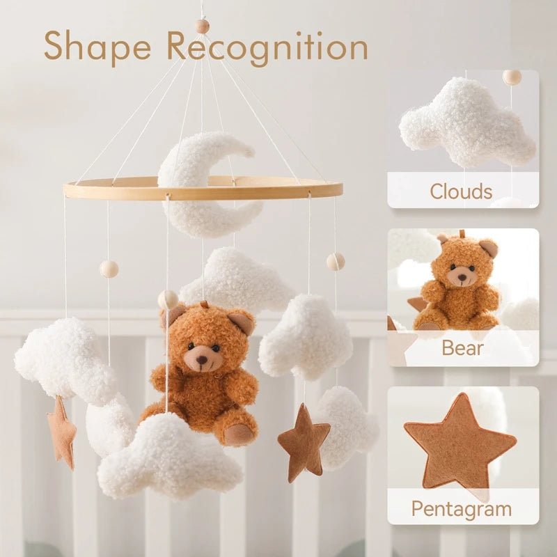 Baby Wooden Bed Bell Mobile Hanging Rattle Toys Teddy Velvet Bear Rabbit Doll Toy Newborn Music Hanger Crib Mobile Bracket Gifts