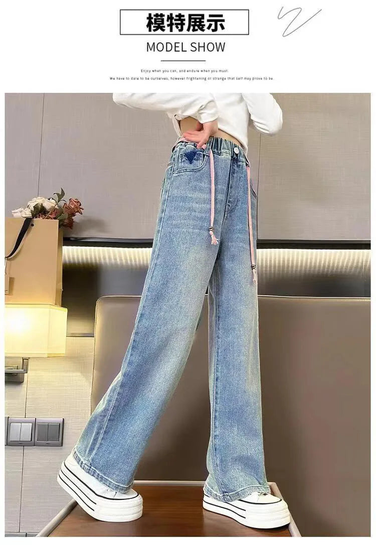 Teenage Girls' Jeans Spring Autumn Kids Korean Casual Pocket Bow Design Denim Pants Fashion Elastic Waist Trousers For Girl