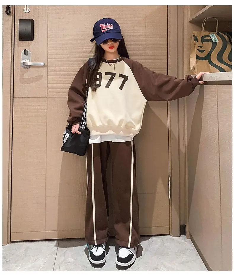 Autumn Girl Clothes tracksiut T-shirt hoodie + coffee teens striped loose pants 2pcs Outfits 8 9 6 10 12 13 14 Years