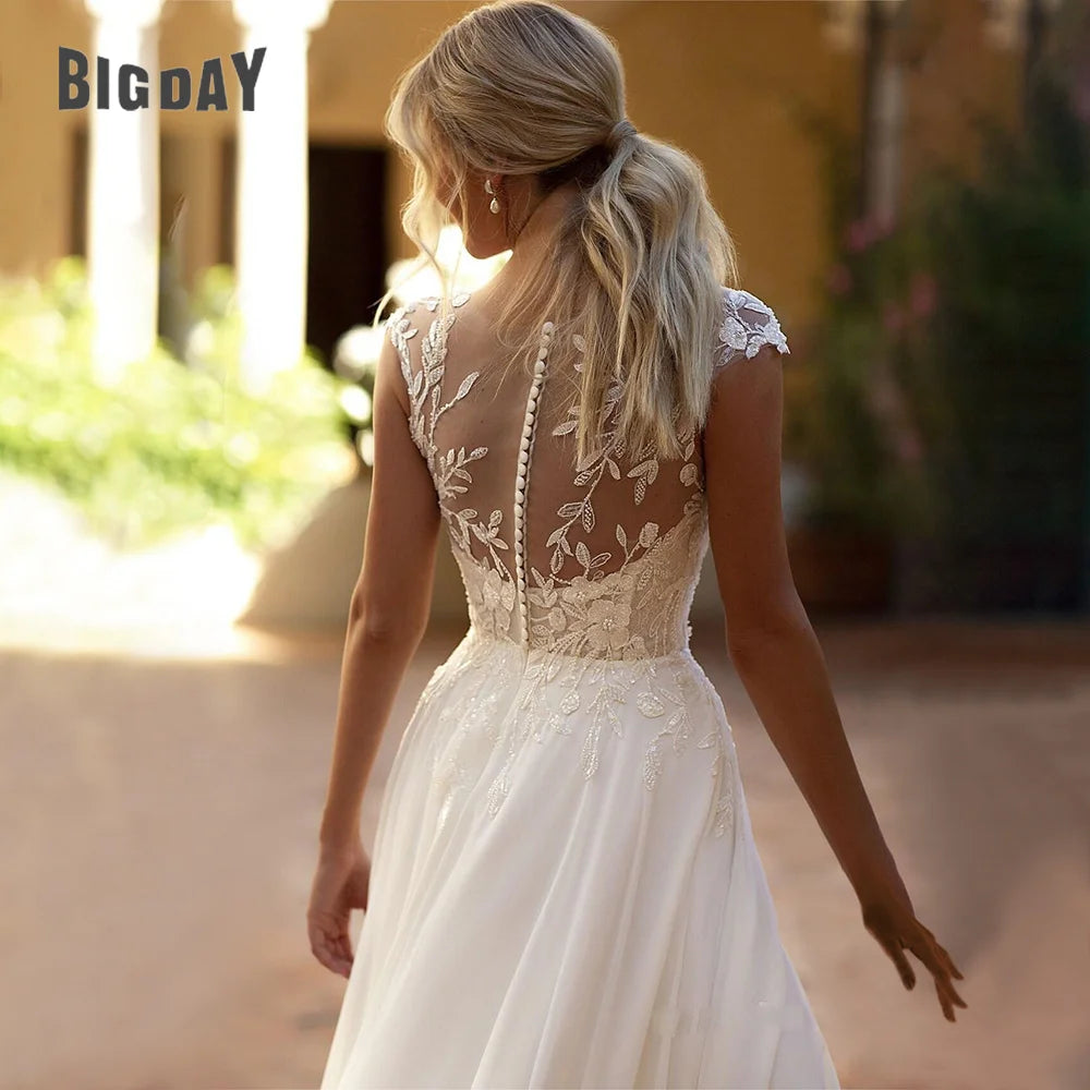 Elegant Boho Lace Wedding Dress Chiffon O-Neck Illusion Back Side Split Applique Bridal Party Gown Vestidos De Novia Customized