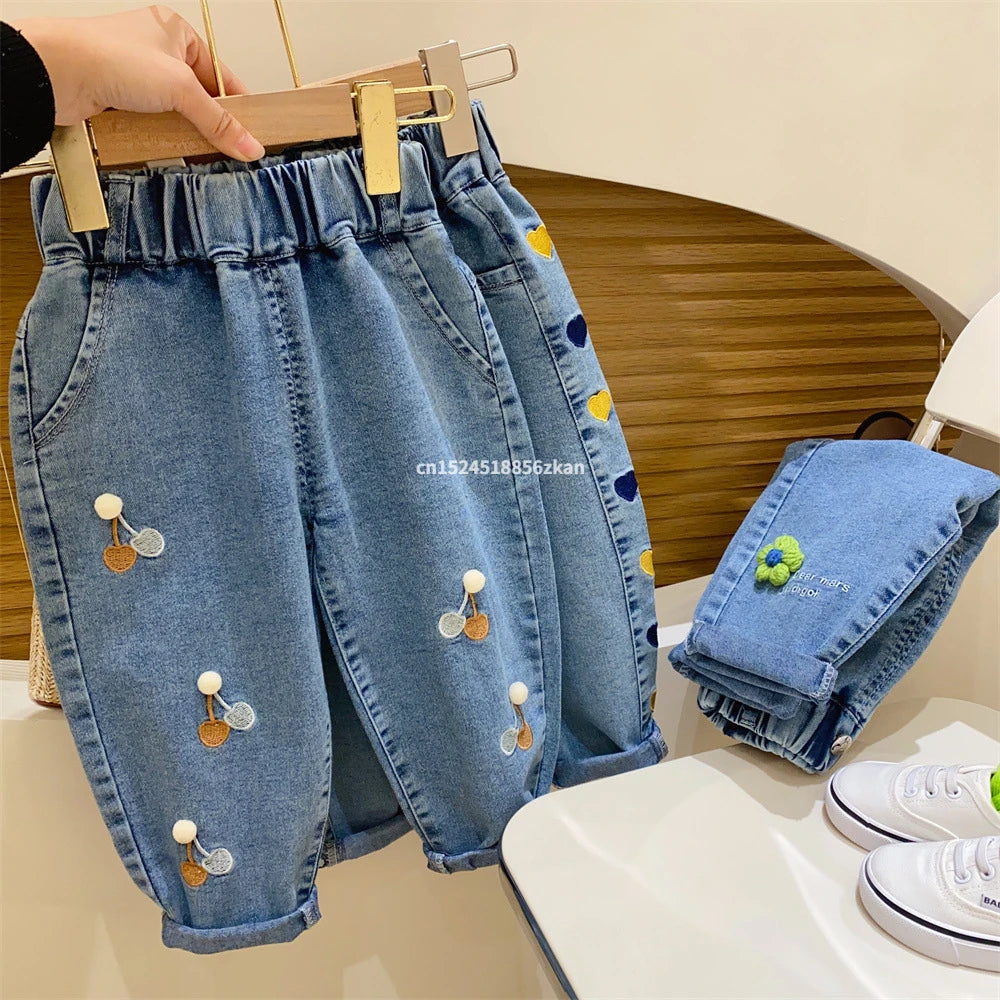 Ambroidered Flower Girl Jeans Baby Boy Kids Jeans Girl Pants Daduhey Wide Leg Pants Harem Trousers Clothes Bottoms