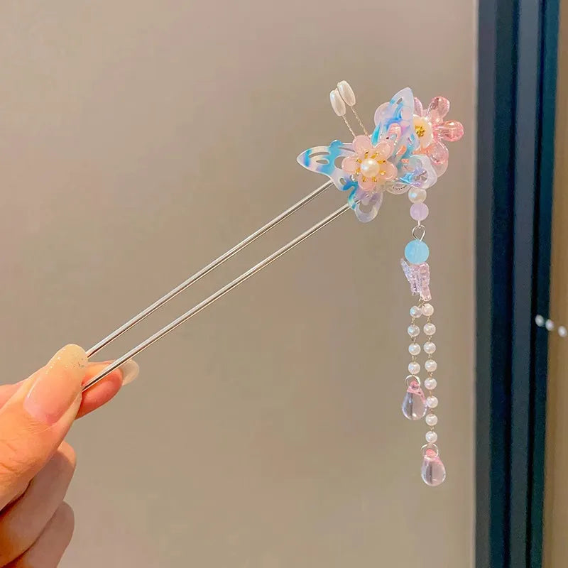 Elegant Chinese Style Hair Accessory Romantic Enameled Flower Tassel Hair Clip Alloy Jewelry Hairpin For Women Fashion Hairpin