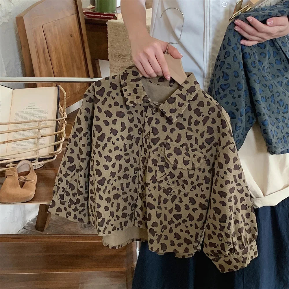 Blouses Boys Leopard Print Shirt Loose Coat Autumn New Tide Children Baby Spring Long Sleeved 2024 Fashion Simple Cool