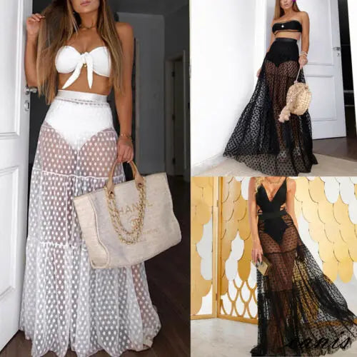 Women Summer Bikini Cover Ups Polka Dot Mesh Sheer High Waist Long Skirt See Through Beach Tulle Wrap Skirt Swimwear Swimsuit