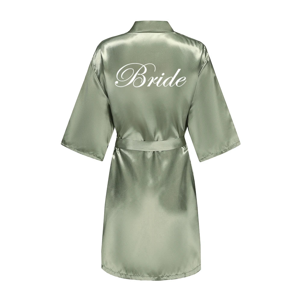 Grass Green Women's White Letter Bride Bridesmaid Short Satin Robes for Wedding Party Getting Ready