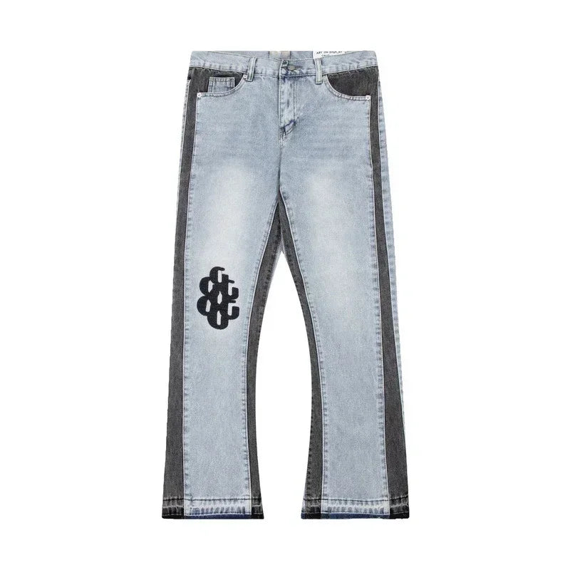 American retro washed letter spliced denim trousers high street trendy brand couple loose straight micro-flared long trousers