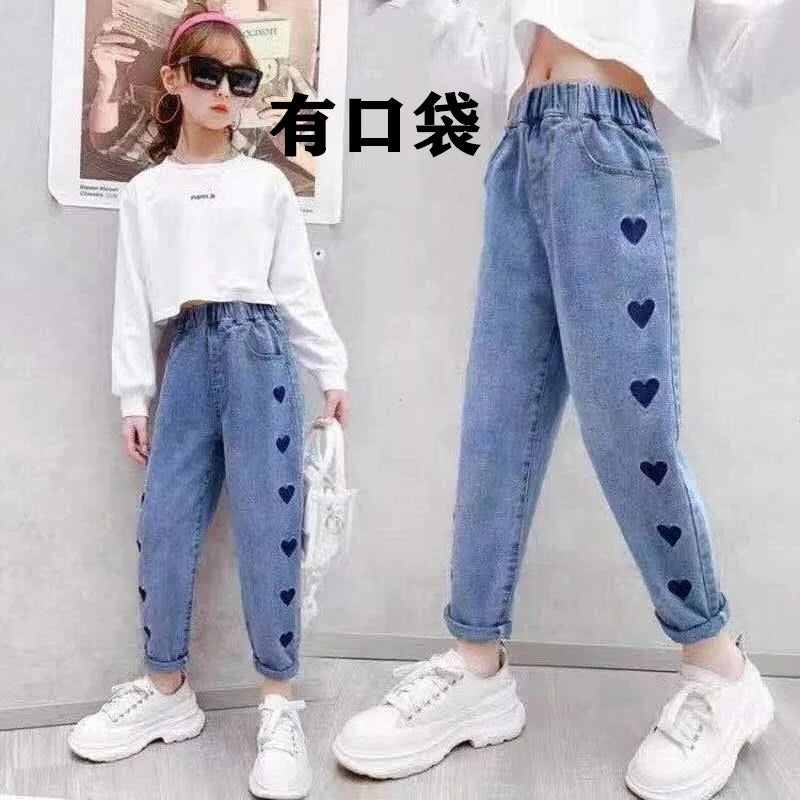 New Teenage Girls Jeans 2024 Spring Autumn Casual Fashion Loose Blue Kids Leg Wide Pants School Children Trousers 3-12Year