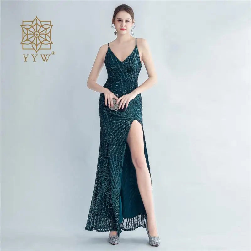 Backless Sexy Adjust Spaghetti Strap Women Mermaid Dress Evening Sequin Maxi Gala Gowns Celebration Formal Banquet Robe Wedding