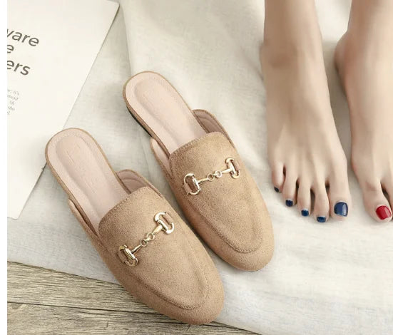 Women's British And European Style Mules Closed Toe Metal Chain Slippers Flat Outdoor Shoes In Brown White Black Round Toe 44 35