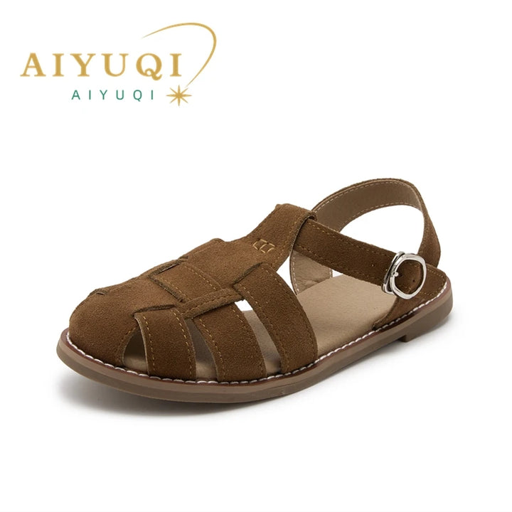 AIYUQI Flat-soled Retro Genuine Leather Hollow Baotou Sandals Women's 2024 New Hollow Pig Cage Women's Sandals