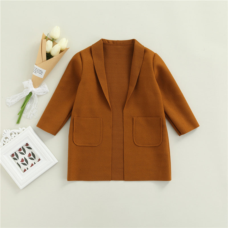 2-7years Kids Girls Casual Coat Long Sleeve Open Front Cardigan With Pockets Girls Solid Color Lake Green Black Brown Trench