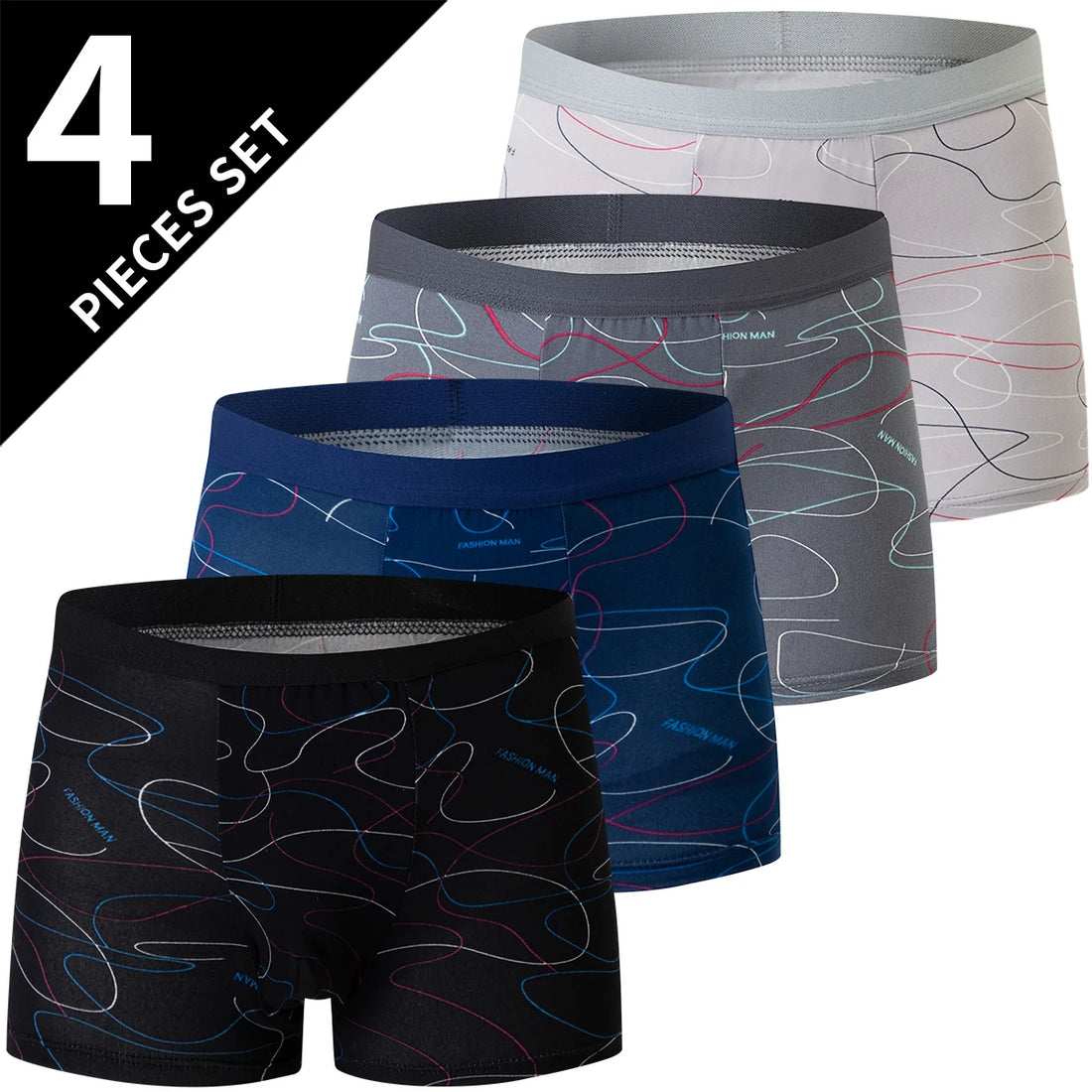 4-piece MEN'S Underwear Comfortable and Fashionable Plus-size Printed Boyshort Maximum 6XL Swimming Trunks for Teenagers.