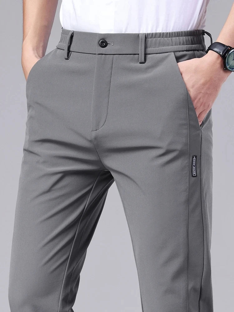 Men's casual pants, semi elastic waistband, nylon ice silk elastic straight tube, light gray, business gentleman, summer casual