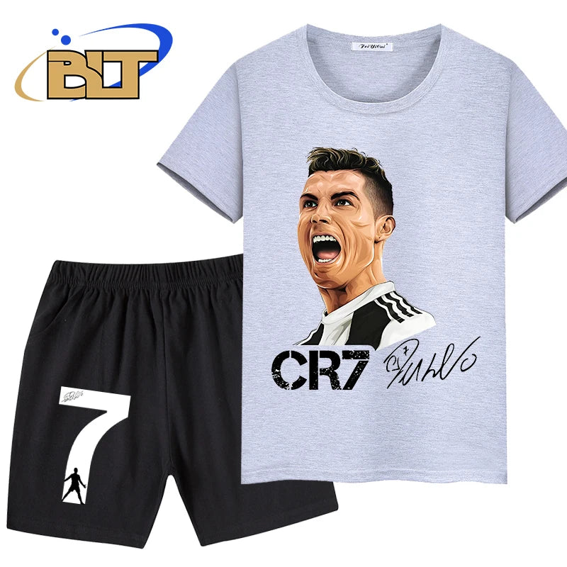 Ronaldo avatar printed children's clothing summer boys sports T-shirt suit casual shorts shorts 2-piece set