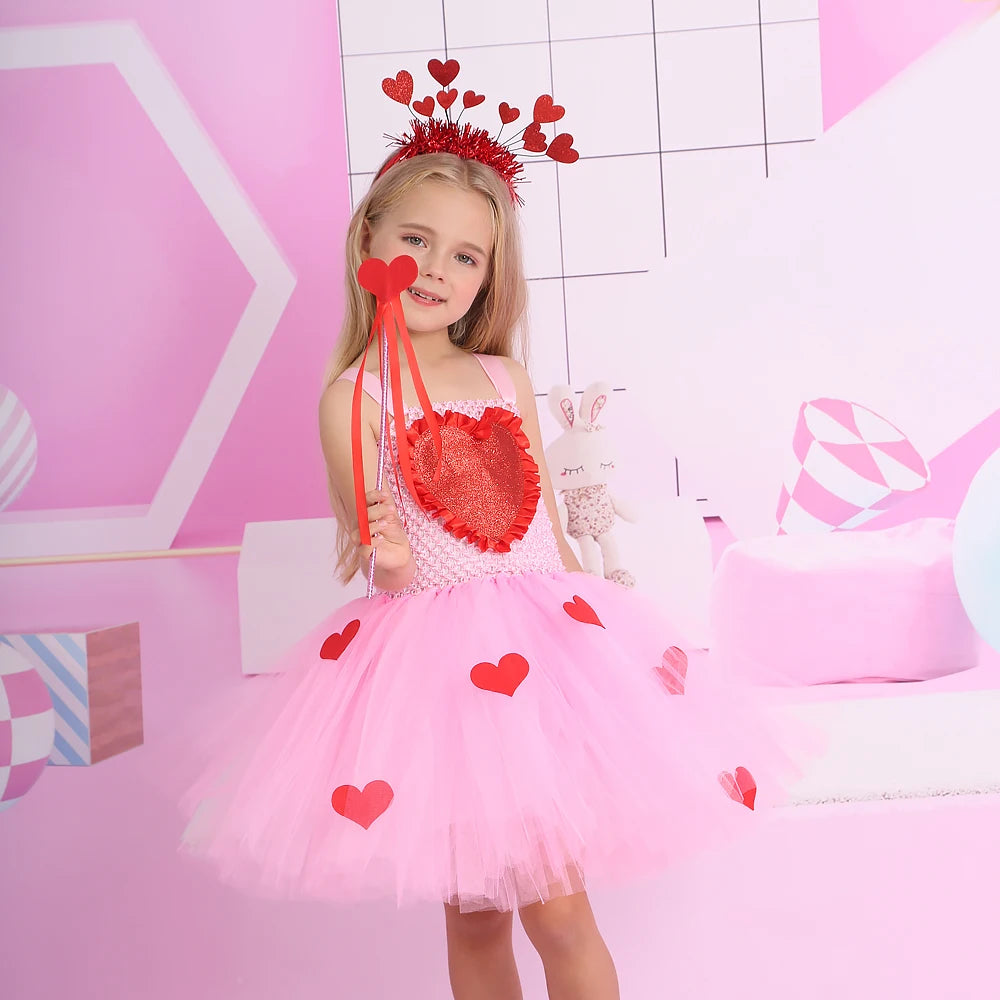 New Valentine's Day Girls Tutu Dress Princess Baby Birthday Cake Smash Tulle Dress Summer Love Heart Kids Carnival Party Dresses