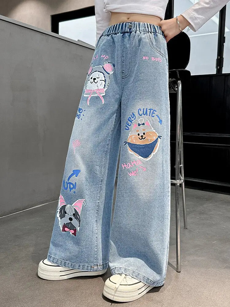 2024 Cartoon Fashion Pattern Jeans for Girl Loose Straight Denim Pants Lovely Print Kids Spring Autumn Korea Style Long Trousers