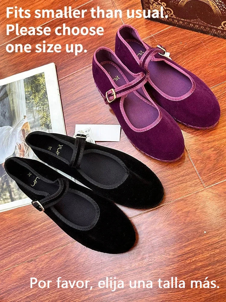 Velvet Mary Jane Shoes for Women Hand Stitch Casual Streetwear Ballet Flats Pumps Female Solid Color Red Cloth Shoes Loafers