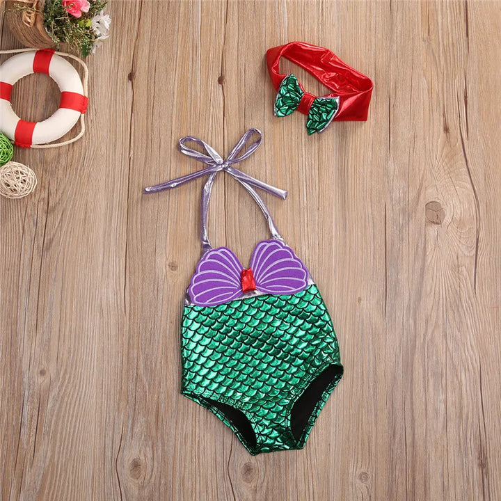 0-8years Baby Girl One_piece Swimsuit Shellfish Scale Mermaid Print Lace-Up Swimwear For Girls Summer Bodysuit Bathing Suit