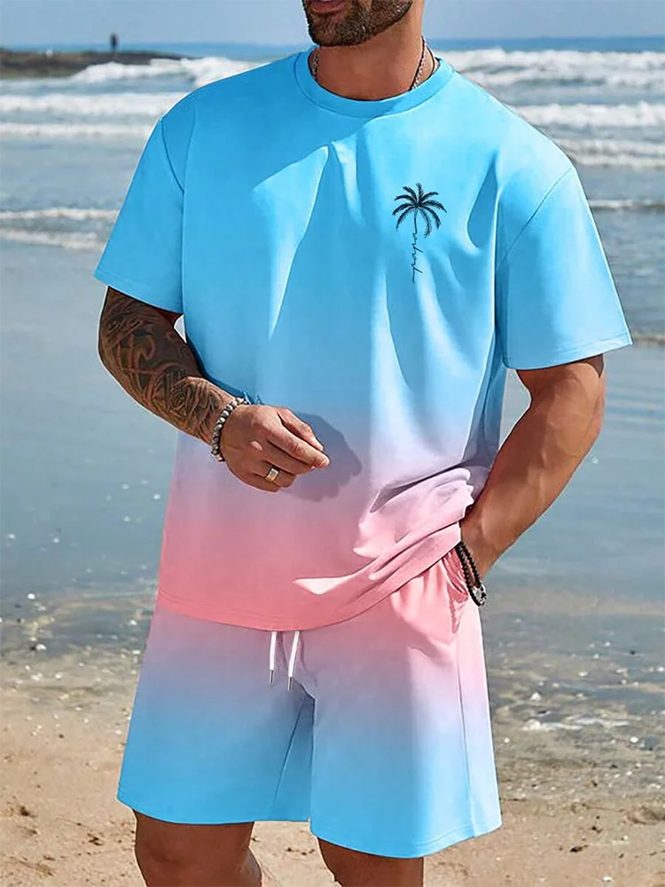 Summer Men's 2 Piece Set Hawaiian Fashion Casual Men's T-shirt Outdoor Beach Men's Shorts Palm Tree Print O-neck Short Sleeves