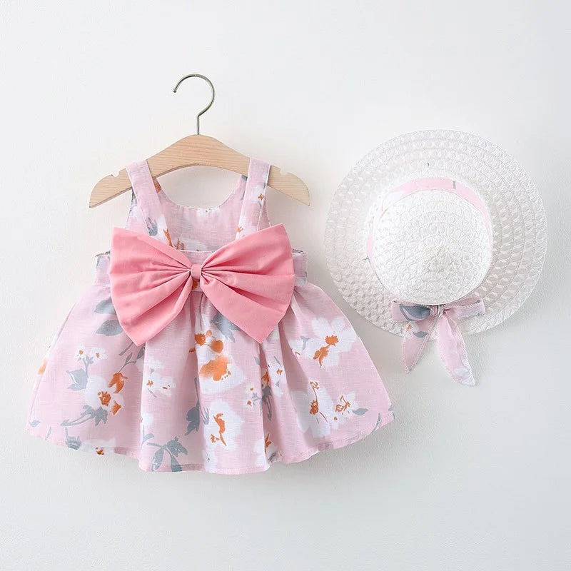 Toddler Girl Outfit Korean Style Dress For Baby Girl Cute Flower Printed Bow Dress Send Hat