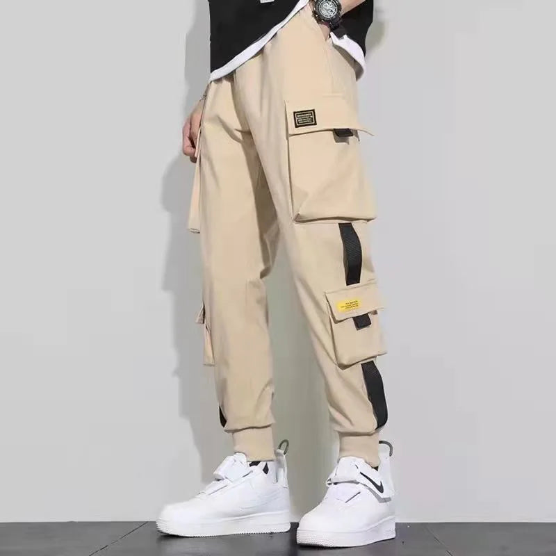 Men's Cargo Pants Casual Hip Hop Hit Color Multiple Pockets Trousers Streetwear Ribbons Techwear Sweatpants