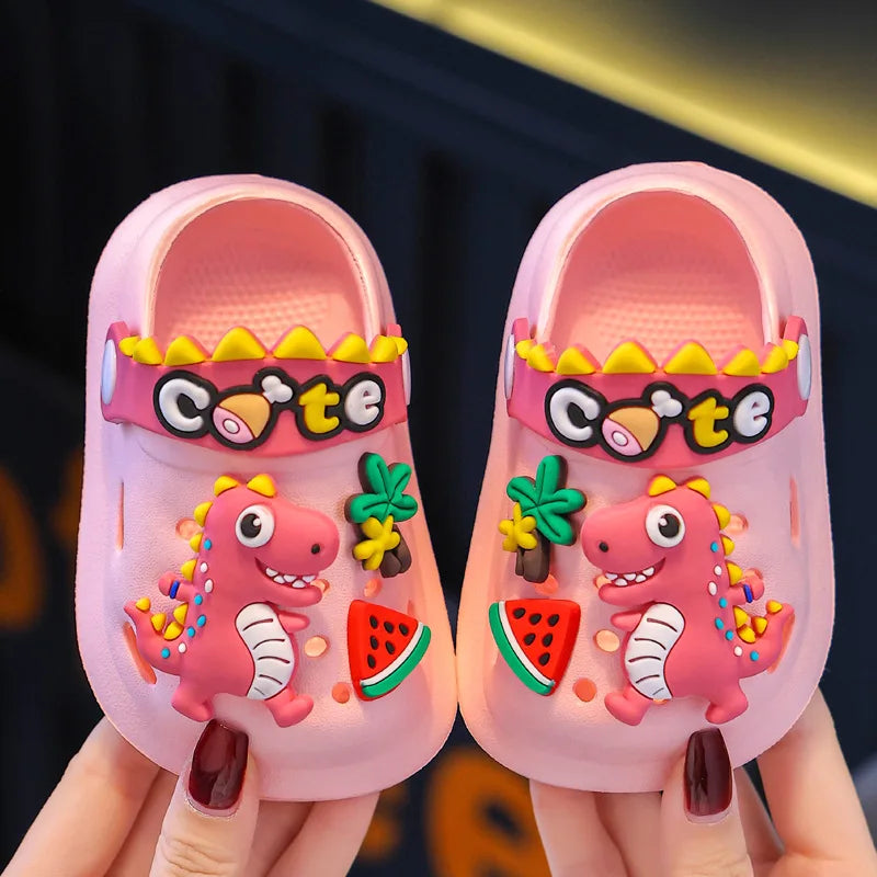 Summer Childrens Slippers Hole Kids Sandals Soft Anti-Skid Cartoon Dinosaur DIY Design Indoor Anti-Slip Boys Girls Beach Shoes